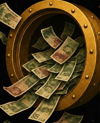 Banknotes spilling out of a round gold vault door