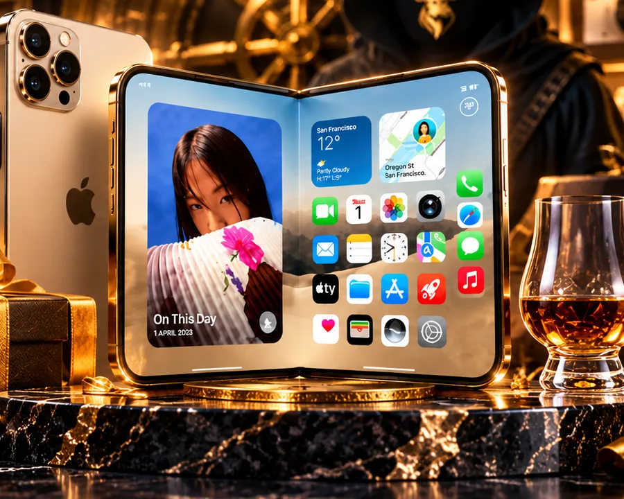 A gold iPhone and a folding iPhone on a marble stand beside a dram of whisky