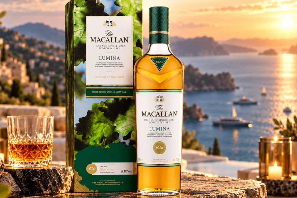 The Macallan Lumina bottle and box on a terrace above the sea at sunset